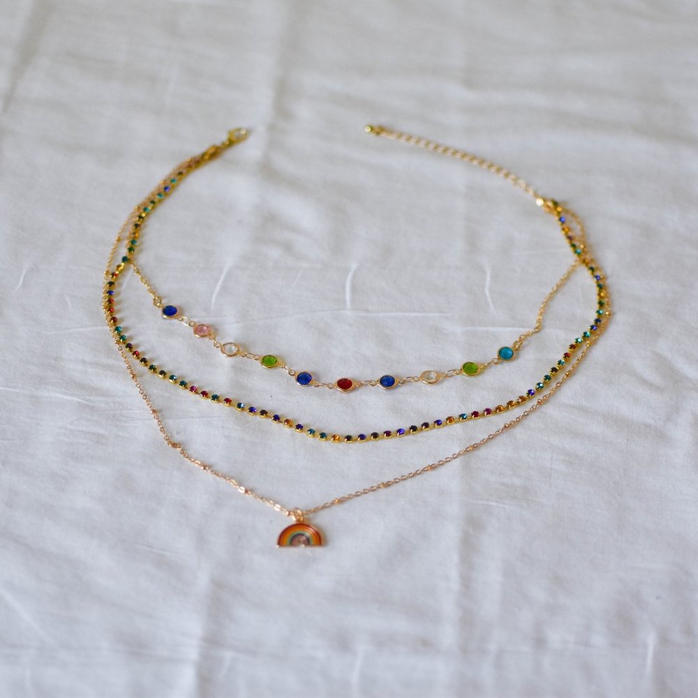 Rainbow Charm Rhinestone Gold Layered Necklace